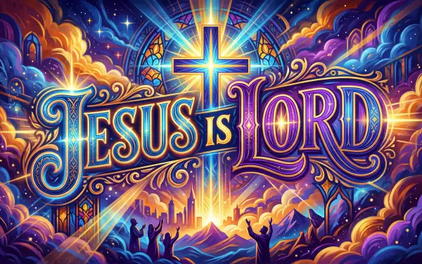 Vibrant 5K Ultra HD PC desktop wallpaper: luminous cross and ornate Jesus is Lord lettering amid stained-glass rays, radiant clouds, and worshipping silhouettes over a glowing skyline.
