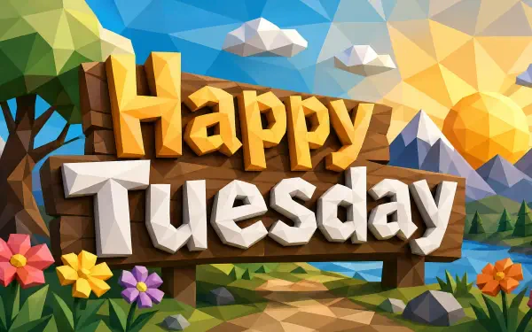 Low-poly 4K Ultra HD PC desktop wallpaper reading Happy Tuesday in chunky 3D wooden letters over a sunny mountain lake scene with trees and colorful flowers.