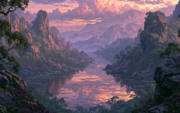 Lush mountain and river landscape at pink-purple sunset, cliffs and forest framing reflective water — 2K Quad HD PC desktop wallpaper and background.