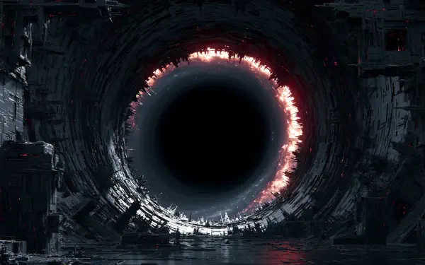 2K Quad HD PC desktop wallpaper: a dark cylindrical tunnel framing a black Void ringed with fiery light and a wet reflective floor.