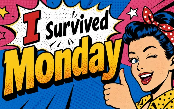Retro pop-art 4K Ultra HD PC desktop wallpaper: comic-style woman winking and giving a thumbs-up beside bold 'I Survived Monday' text on vibrant blue, pink and yellow background.