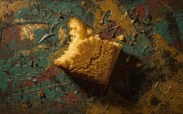 Bitten square of cornbread on a painted, textured surface; 4K Ultra HD PC Desktop Wallpaper and Background with warm, rustic lighting.
