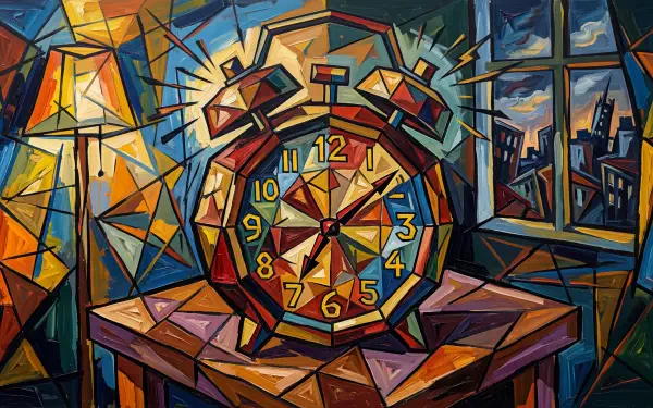 Cubist alarm clock on a bedside table by a city window in bold geometric colors — 5K Ultra HD PC desktop wallpaper/background.