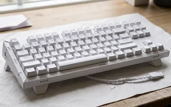 White mechanical keyboard on a wooden desk, high-detail 5K Ultra HD PC desktop wallpaper and background.