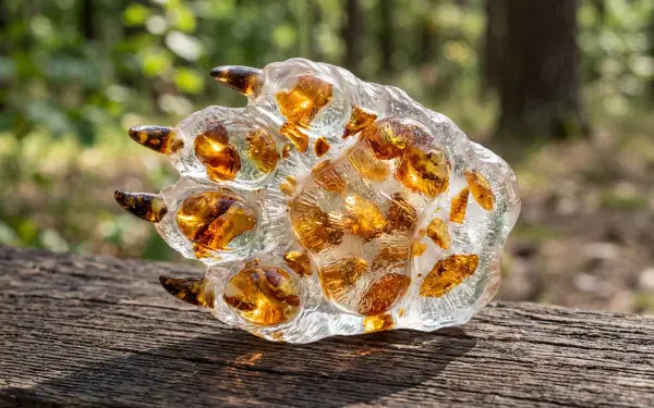 Translucent resin paw with amber inclusions and dark claws on a sunlit log in a forest — 5K Ultra HD PC desktop wallpaper and background.