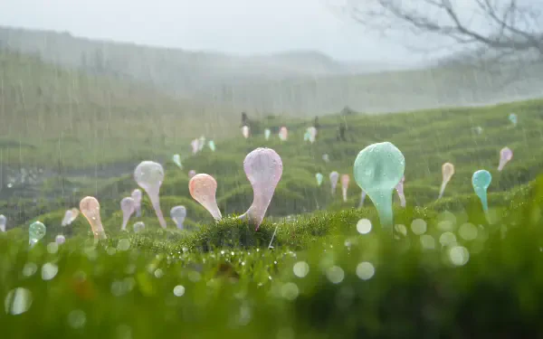 5K Ultra HD PC desktop wallpaper and background: dewy green meadow with pastel translucent, balloon-like growths rising from moss as rain falls and mist veils distant hills.