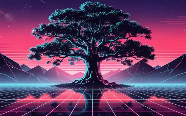 4K Ultra HD PC desktop wallpaper — neon oak tree on a glowing retro-futuristic grid, mirrored reflection, silhouetted mountains beneath a vivid pink-purple sky.
