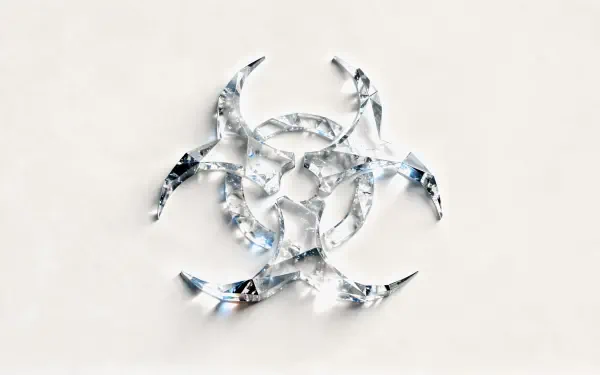4K Ultra HD PC desktop wallpaper and background — shattered crystal glass forming a biohazard symbol on a clean white backdrop.