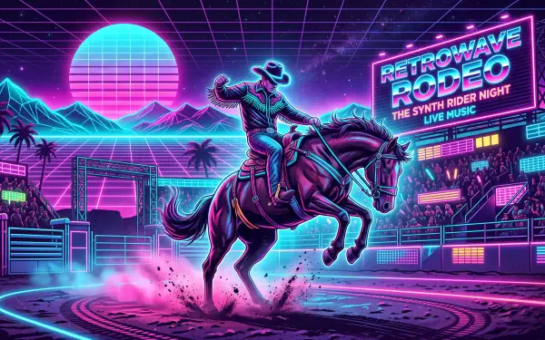 Neon synthwave rodeo: cowboy bucking a horse in a retro-futuristic cityscape with glowing grid mountains and magenta-teal lights — 5K Ultra HD PC Desktop Wallpaper & Background