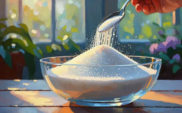 5K Ultra HD PC desktop wallpaper: spoon pouring sugar into a glass bowl on a sunlit windowsill, blurred potted plants in the background.