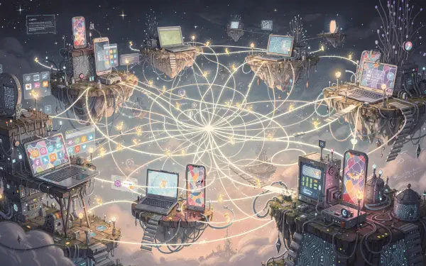 4K Ultra HD PC desktop wallpaper and background: floating islands of computers, phones and servers linked by glowing network threads forming an ethereal internet web across a starry sky.