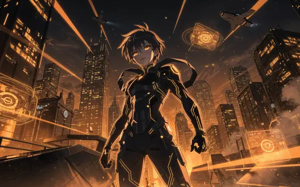 Sci Fi Anime 4K Ultra HD PC desktop wallpaper: armored protagonist stands on a rooftop overlooking an orange-lit futuristic city with holographic displays and drones streaking across the skyline.