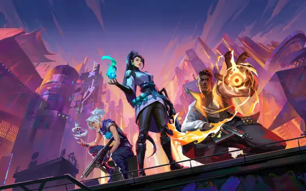 Valorant HD PC desktop wallpaper showing Jett, Sage, and Phoenix standing on a rooftop, ready for combat against a vivid neon city skyline.