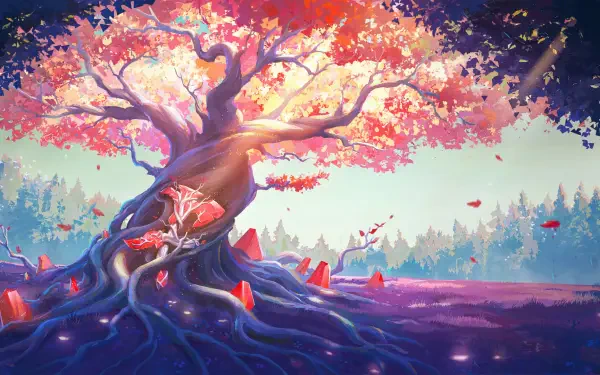 Valorant HD PC desktop wallpaper/background: a luminous, oversized cherry-like tree with twisted roots and red crystal shards, pink petals drifting over a misty purple forest at dawn.