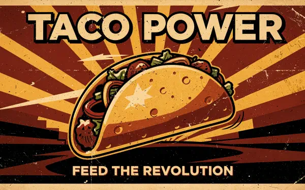 Retro Taco Power poster: illustrated taco on a starburst backdrop with Feed the Revolution slogan — 4K Ultra HD PC desktop wallpaper and background.