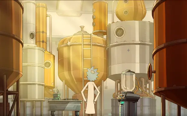 Rick and Morty season 9 TV show 2K Quad HD desktop wallpaper: Rick stands in a vast industrial lab, facing towering metallic tanks, vats, and brewing equipment.
