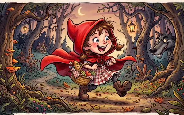 Colorful 5K Ultra HD PC desktop wallpaper of Red Riding Hood: cheerful girl in red cloak carrying a basket through an enchanted forest with glowing lanterns and a wolf lurking behind trees.