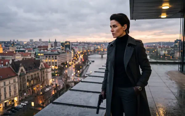 Secret Agent — 5K Ultra HD PC Desktop Wallpaper and Background: lone agent in dark coat holding a pistol on a rooftop balcony, gazing over a lit European city at dusk.