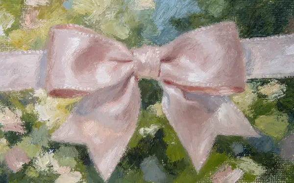 Soft pink satin bow on a ribbon against painterly green foliage — 4K Ultra HD PC desktop wallpaper and background.