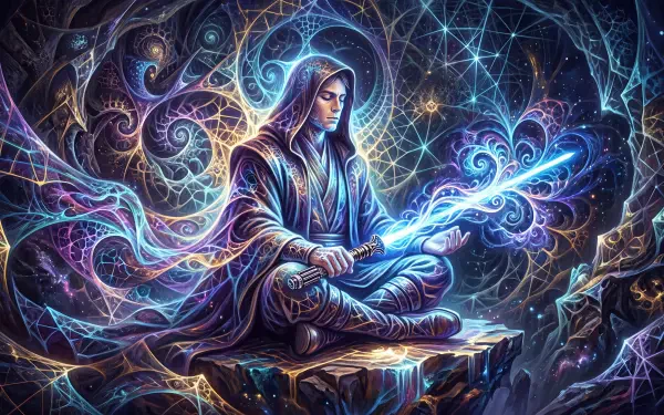 Jedi meditating with a glowing blue lightsaber amid swirling cosmic fractal energies — 5K Ultra HD PC desktop wallpaper and background.