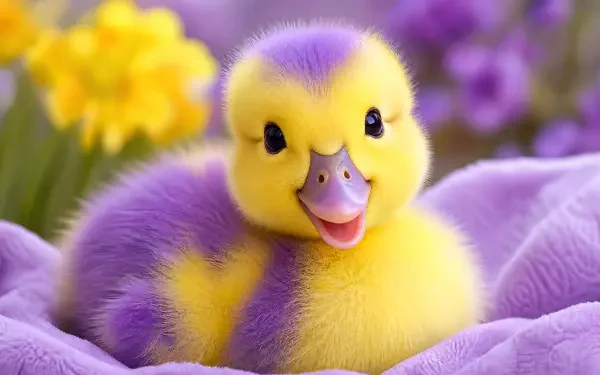 Cute purple-and-yellow baby duckling resting on a soft blanket, rendered as a 4K Ultra HD PC desktop wallpaper and background.