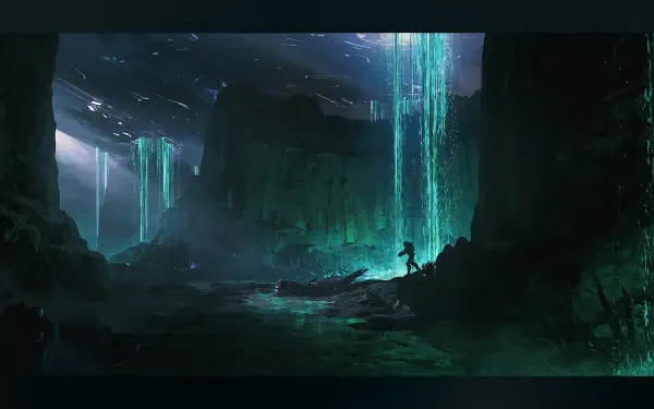 Halo HD PC desktop wallpaper: lone Spartan walks in a vast alien cavern beneath a glowing ring, teal waterfalls and shafts of light illuminating rocky terrain.