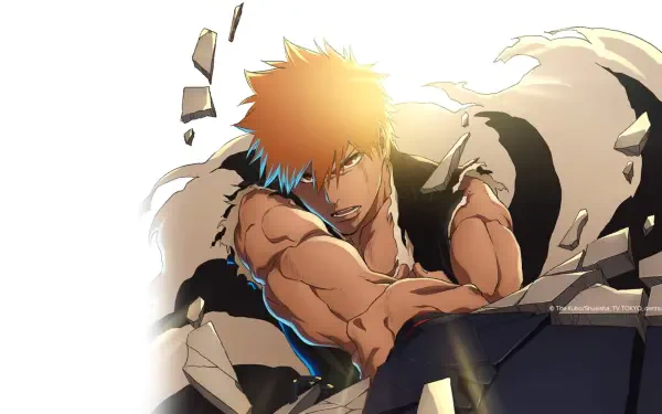 Bleach: Thousand-Year Blood War 4K Ultra HD PC wallpaper/background — Ichigo lunges forward, muscles straining as he smashes through rubble, silhouetted by a fierce, blinding backlight.