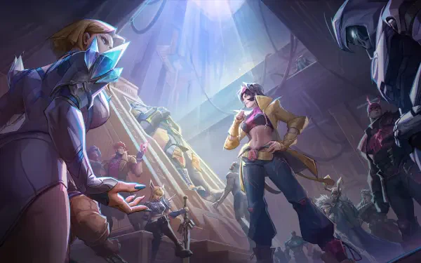 Marvel Rivals 4K Ultra HD PC desktop wallpaper/background: stylized showdown in a ruined arena, lone hero bathed in a shaft of light while rival combatants circle below.
