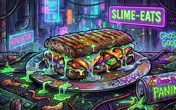 5K Ultra HD PC Desktop Wallpaper and Background: neon cyberpunk panini oozing green slime on a plate amid glowing SLIME-EATS signs and scattered tech debris.