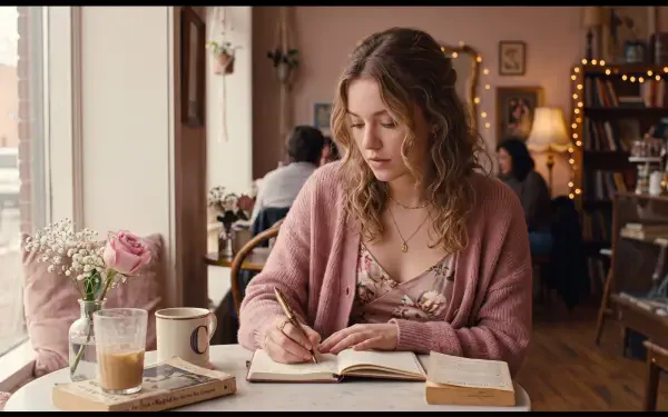 Girly 5K Ultra HD PC Desktop Wallpaper and Background: woman in a pink cardigan writing in a notebook at a cozy café table with coffee, flowers and warm string lights.