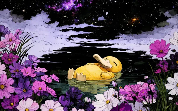 Anime-style Psyduck (Pokémon) floats on a starry lake framed by purple and white flowers beneath a lucid-dream sky - 5K Ultra HD PC desktop wallpaper/background.