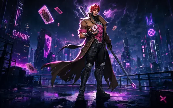 Gambit from the Marvel Rivals video game stands on a rain‑slick rooftop clutching charged playing cards and a staff, neon‑lit futuristic city skyline behind — 4K UHD PC wallpaper/background.