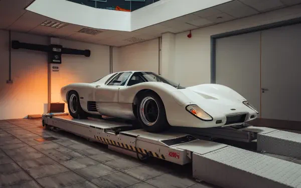 8K Ultra HD PC desktop wallpaper of a white McLaren G6GT sports car on a workshop lift, showcasing its low-slung profile and vintage racing wheels.