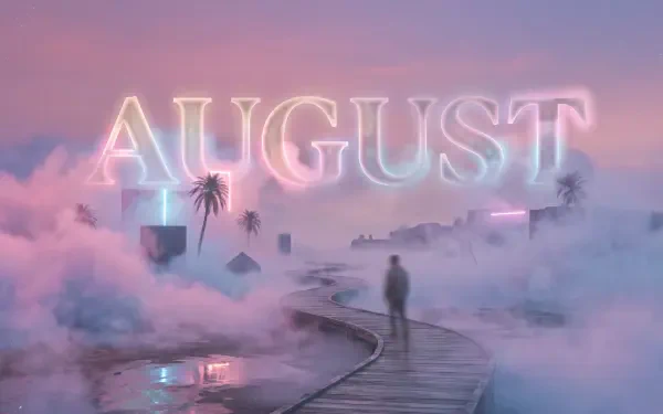 5K Ultra HD PC desktop wallpaper & background: dreamy August scene with neon AUGUST floating above a misty boardwalk, lone silhouette, palm trees and pastel sunset clouds.