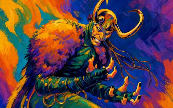 Vibrant painted portrait of Loki (Marvel Comics) in a horned helmet and green-gold costume with swirling multicolor backdrop — 4K Ultra HD PC desktop wallpaper