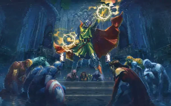 4K Ultra HD PC desktop wallpaper of Doctor Doom in a green cloak and metal mask, levitating in a gothic hall, channeling crackling energy while armored heroes kneel before him.