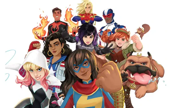 Marvel Rising HD PC desktop wallpaper: comic-style group portrait of young heroes with Ms. Marvel front and center, joined by Squirrel Girl, Captain Marvel and their teammates.