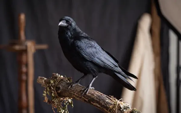 Black crow perched on a moss-covered branch in dramatic light — 5K Ultra HD PC desktop wallpaper and background.