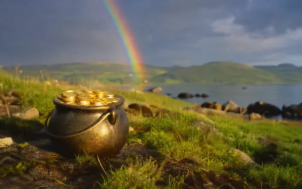 4K Ultra HD PC desktop wallpaper and background: a weathered pot of gold on a grassy shore beneath a vivid rainbow, with rolling hills and a calm sea under a dramatic sky.