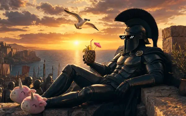 The Odyssey (2026) 4K Ultra HD PC wallpaper — a helmeted warrior lounges on seaside battlements at sunset, sipping a pineapple drink, with a seagull, ships and plush bunnies nearby.