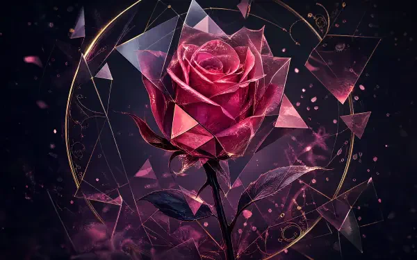 4K Ultra HD PC desktop wallpaper: an enchanted crimson rose encased in crystalline shards, framed by glowing golden rings and floating sparkles on a dark backdrop.