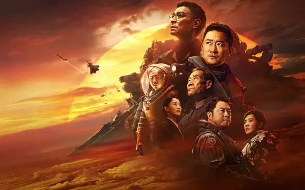 The Wandering Earth 4K Ultra HD PC desktop wallpaper and background: dramatic ensemble of space-suited heroes and officers against a blazing sun, spacecraft and rocky planetary horizon.