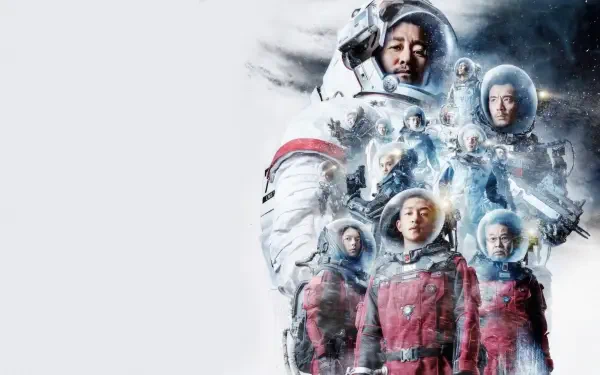 The Wandering Earth 4K Ultra HD PC desktop wallpaper and background: a team of astronauts in red-and-white suits against an icy-blue cosmic backdrop with swirling light and distant stars.