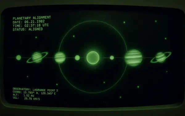 Green CRT-style 5K Ultra HD PC desktop wallpaper showing planetary alignment: a glowing central star with six orbiting planets and retro console readout reading STATUS: ALIGNED.