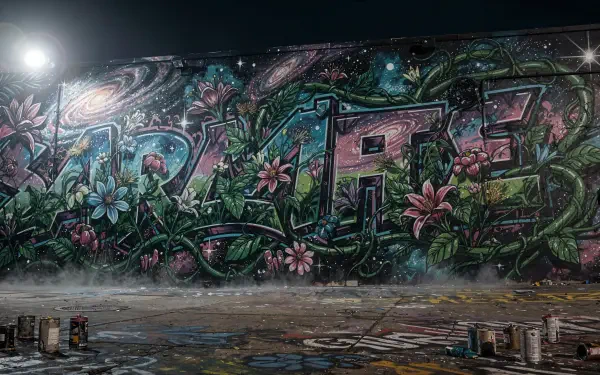 Graffiti wall featuring cosmic swirls, entwined vines and pink flowers at night — 4K Ultra HD PC desktop wallpaper and background.