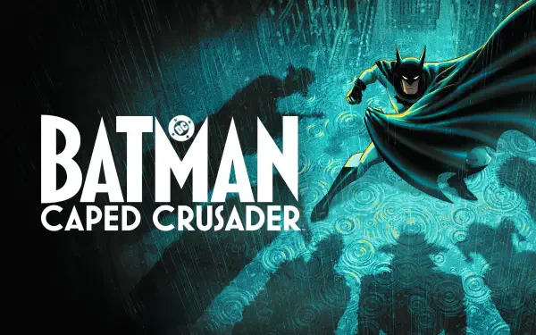 Batman: Caped Crusader TV show wallpaper — dynamic 2K Quad HD PC desktop background of Batman swooping over a stylized teal-lit city with flowing cape and bold logo.