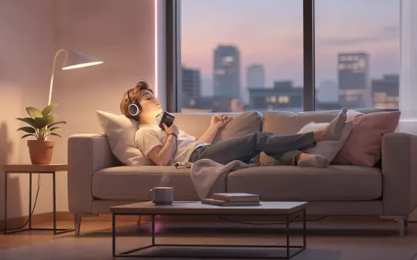Chill 4K Ultra HD PC desktop wallpaper and background: a person reclines on a sofa with headphones and phone, warm lamp and plant beside them, cushions and a dusky city skyline through a window.