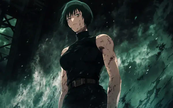 Maki Zenin, battle-worn and blood-specked, stands in a stormy green cloudscape wearing a sleeveless black combat outfit, 4K Ultra HD PC desktop wallpaper and background.