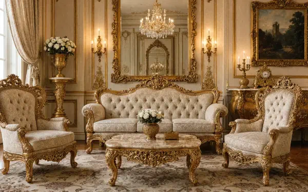 5K Ultra HD PC desktop wallpaper of an antique living room featuring an ornate tufted sofa, gilded chairs, carved coffee table and a sparkling crystal chandelier.
