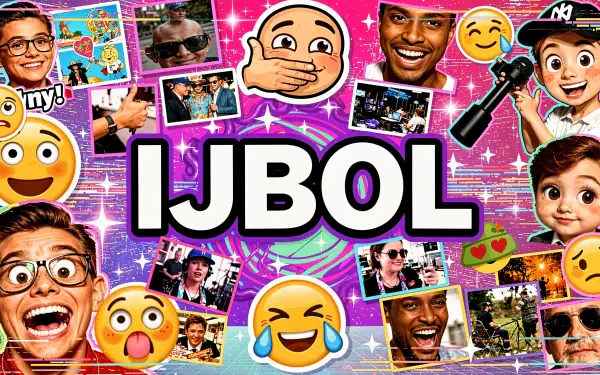 Vibrant 4K Ultra HD PC desktop wallpaper collage featuring bold IJBOL text, emoji faces (laughing, surprised, shocked), scattered photo thumbnails over a sparkly pink background.